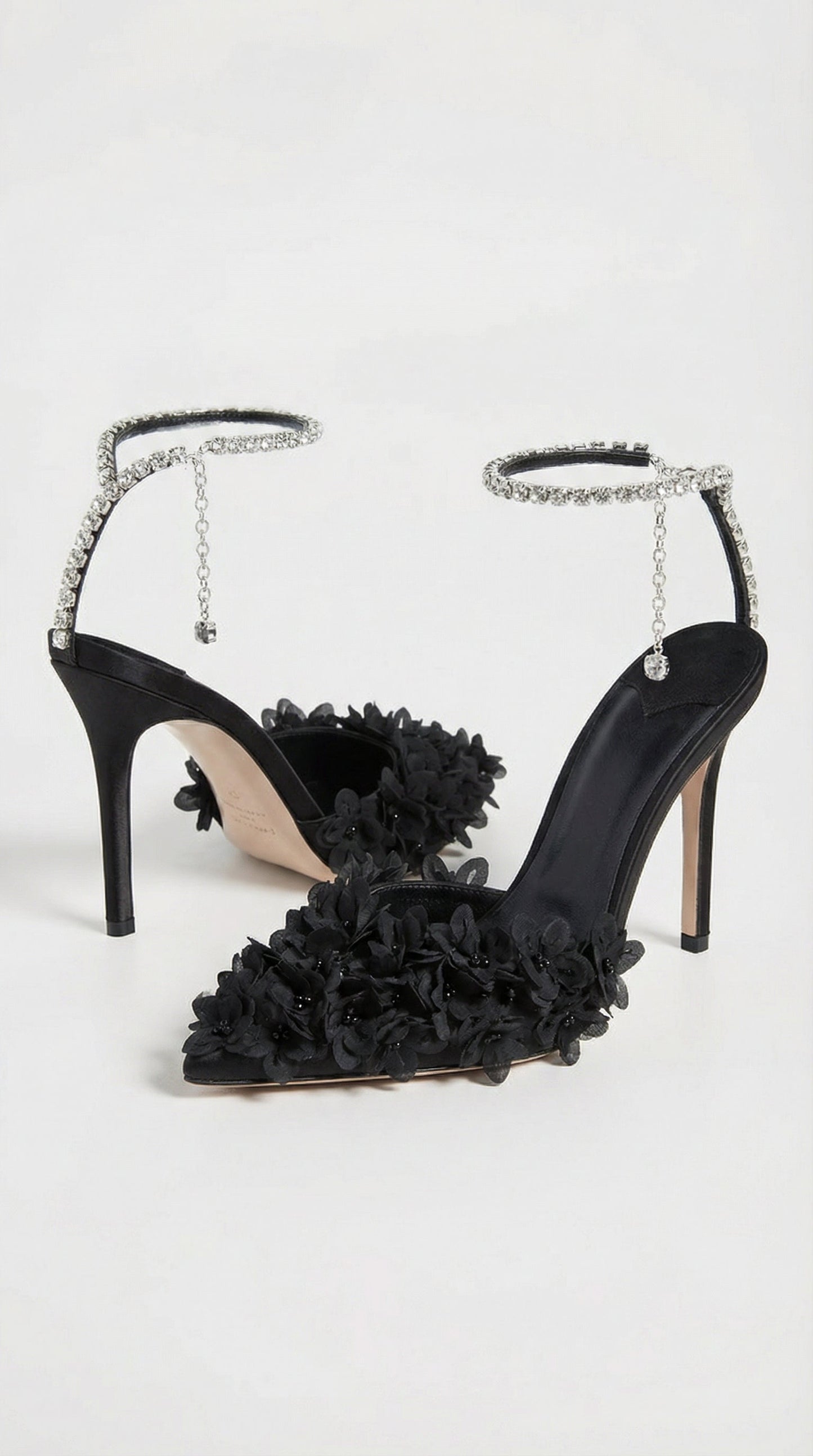 Flower Petal Embroidered Black Stiletto Sandals with Genuine Leather Interior