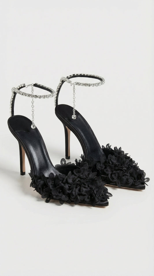 Flower Petal Embroidered Black Stiletto Sandals with Genuine Leather Interior