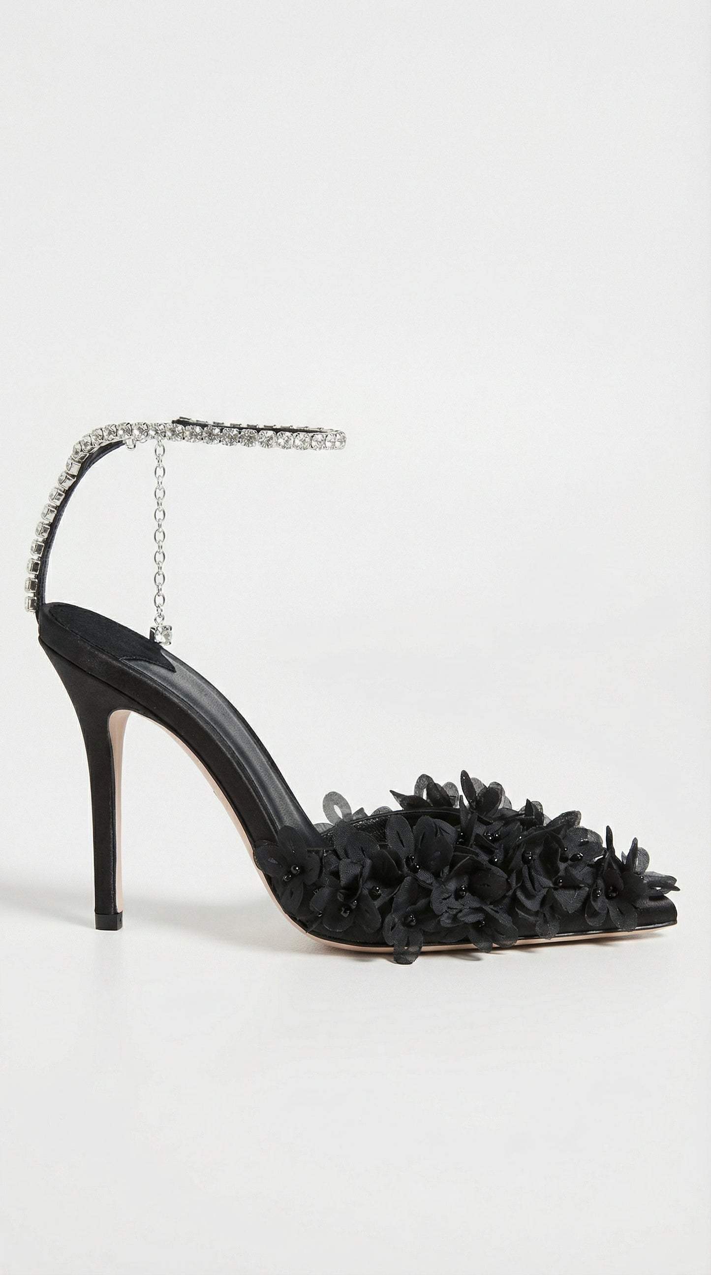 Flower Petal Embroidered Black Stiletto Sandals with Genuine Leather Interior
