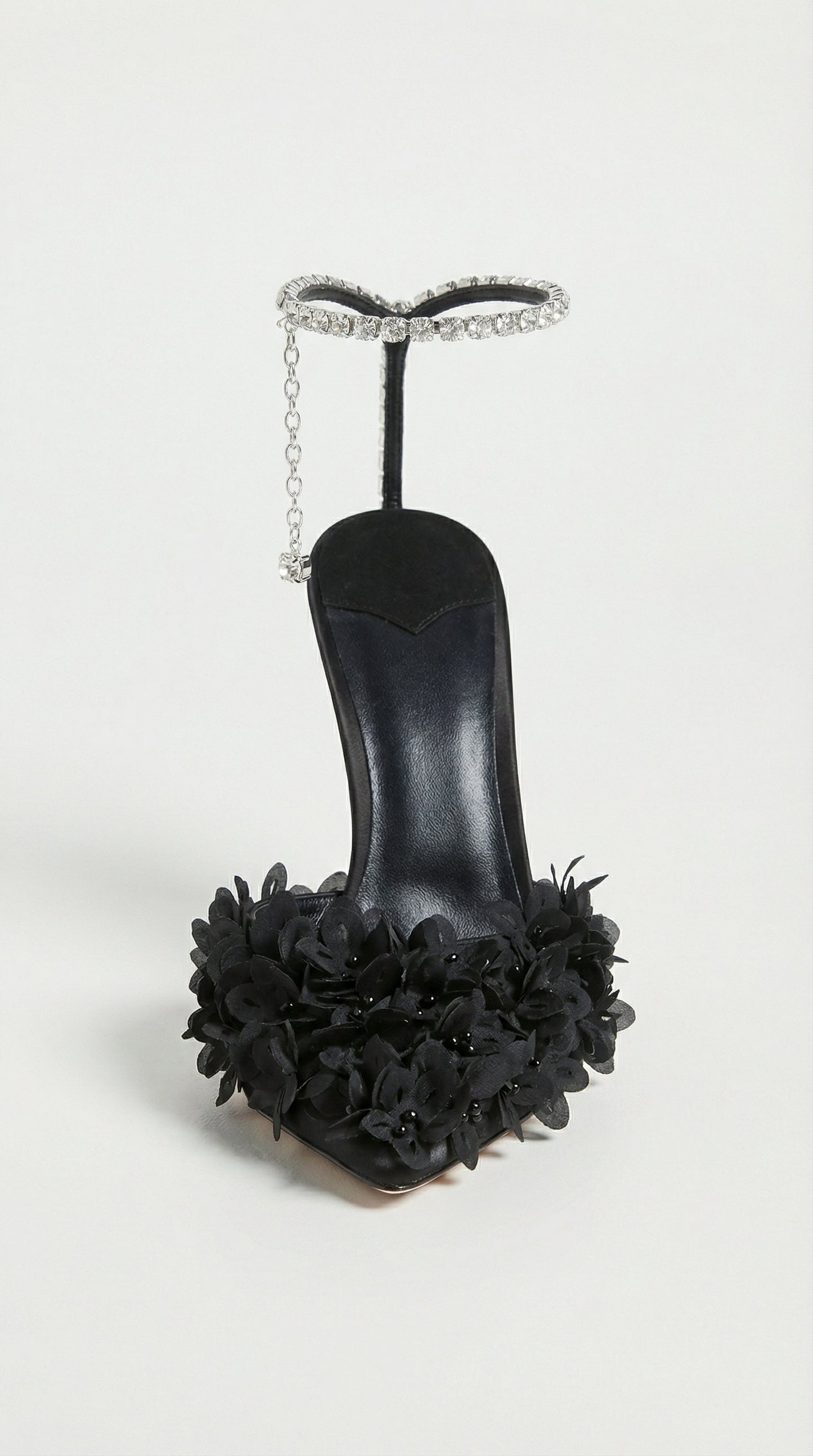 Flower Petal Embroidered Black Stiletto Sandals with Genuine Leather Interior