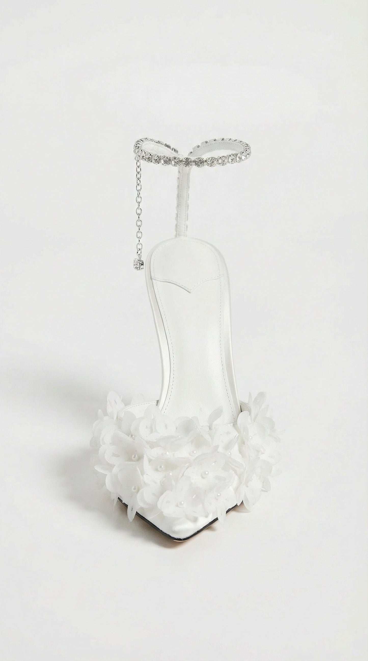 Flower Petal Embroidered Stiletto Sandals with Genuine Leather Interior - White