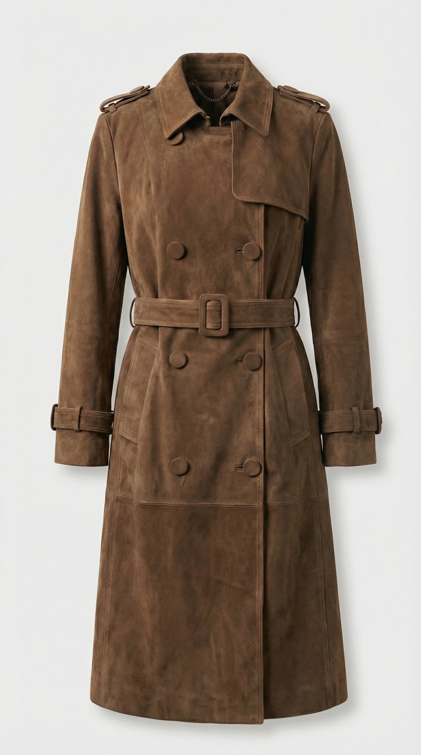Belted Brown Genuine Suede Trench Coat