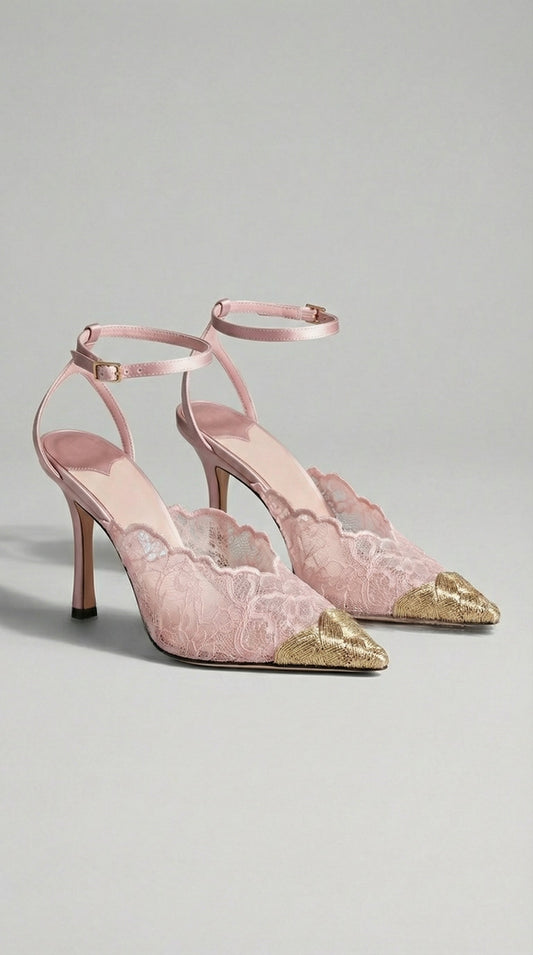 Lace Embroidered Metal Pointed Heels in Pink