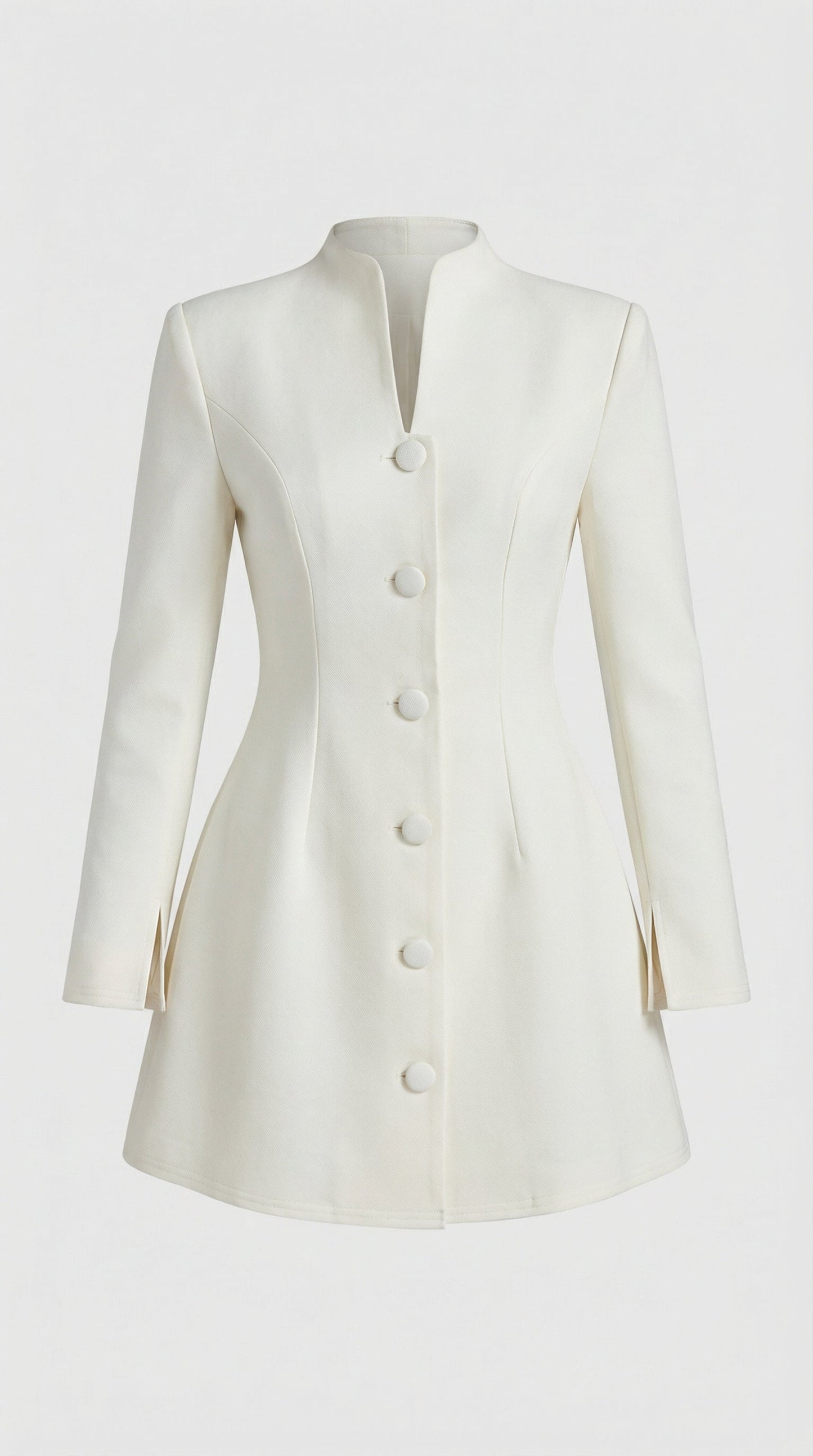 Stand-Collar Buttoned White Office Blazer Dress
