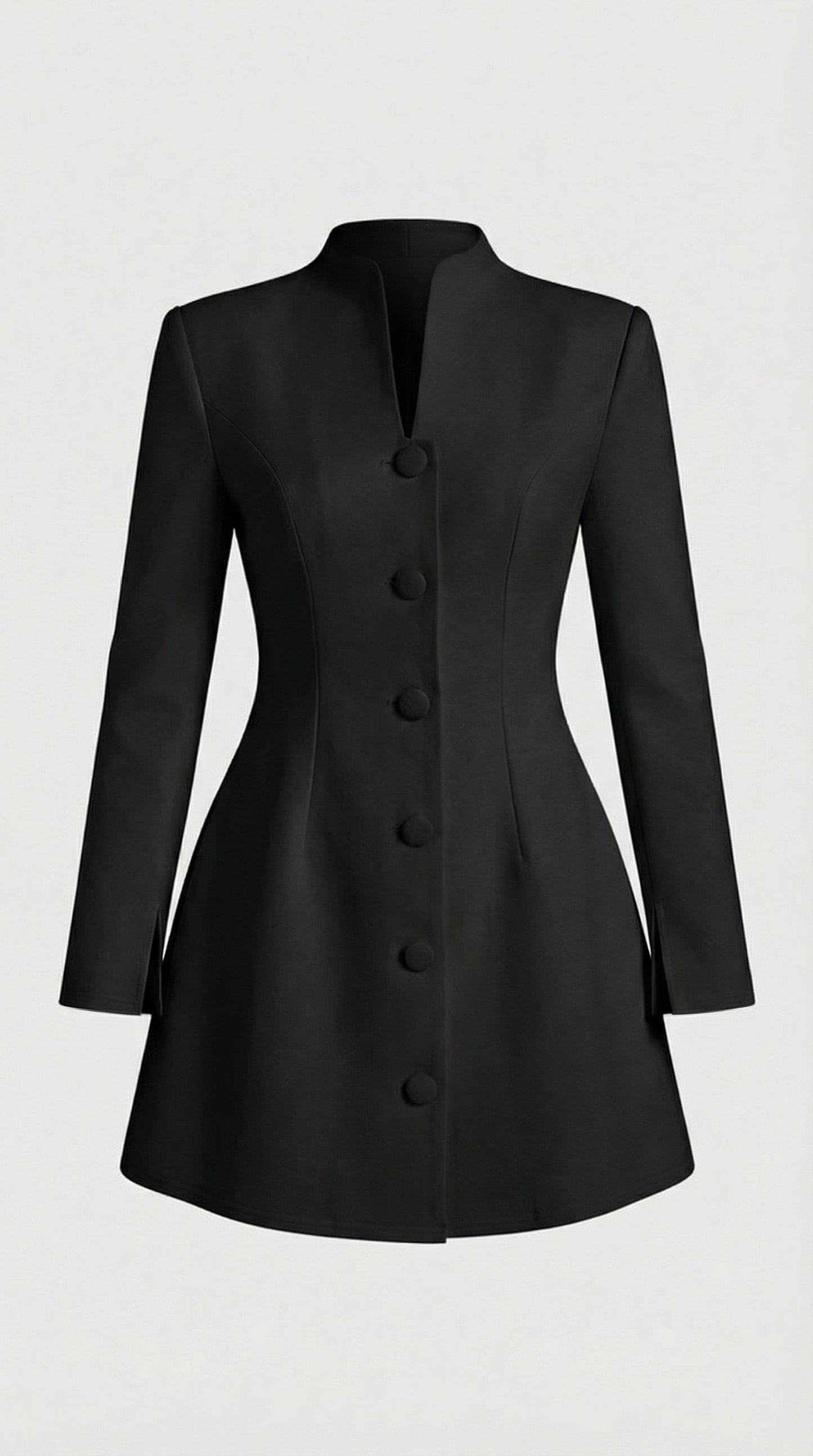 Stand-Collar Buttoned Black Office Blazer Dress