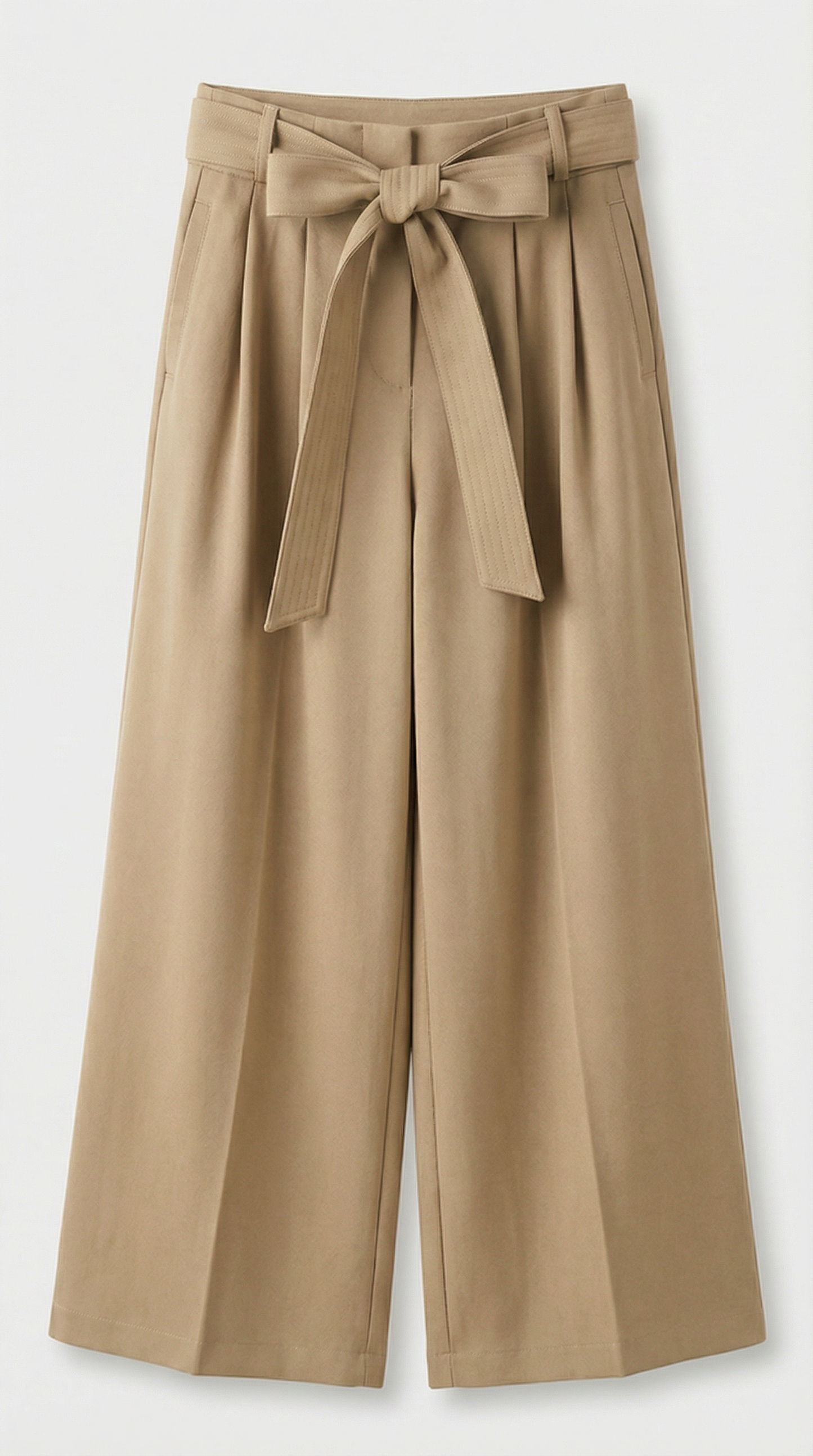 Beige Tie-Strap Pleated Wide-Leg Trousers
