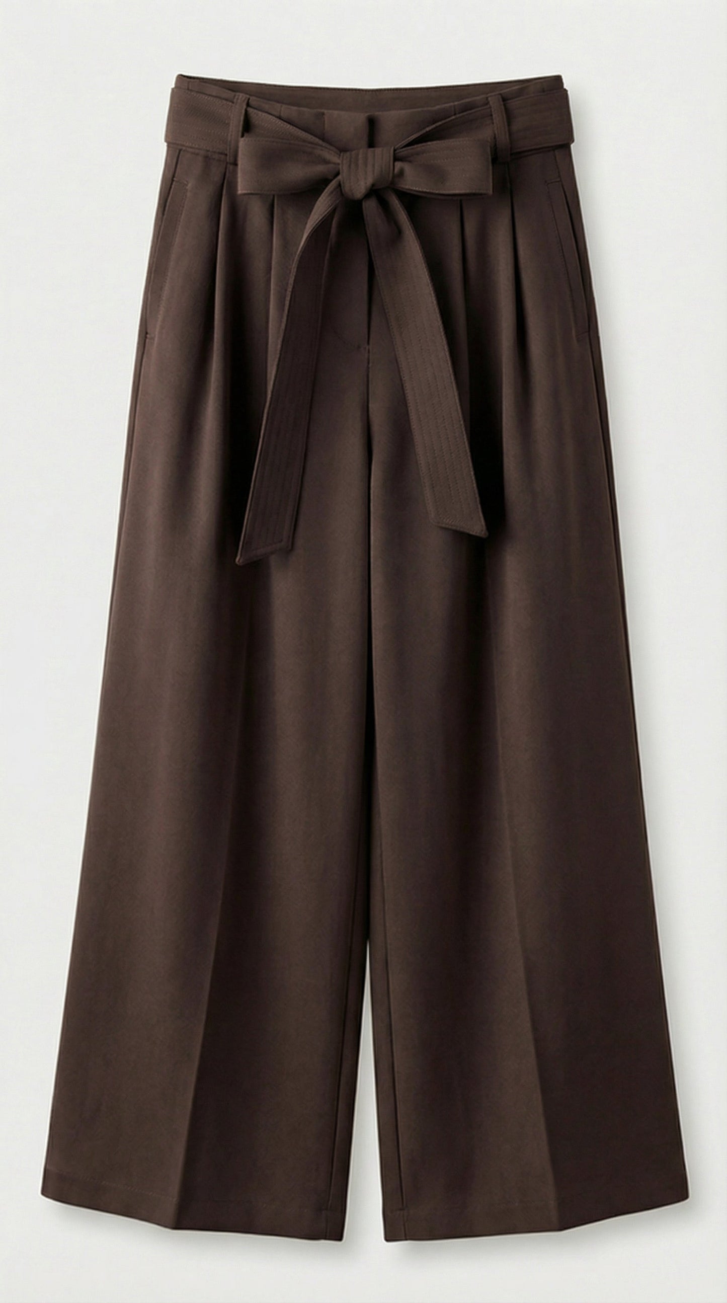 Brown Tie-Strap Pleated Wide-Leg Trousers