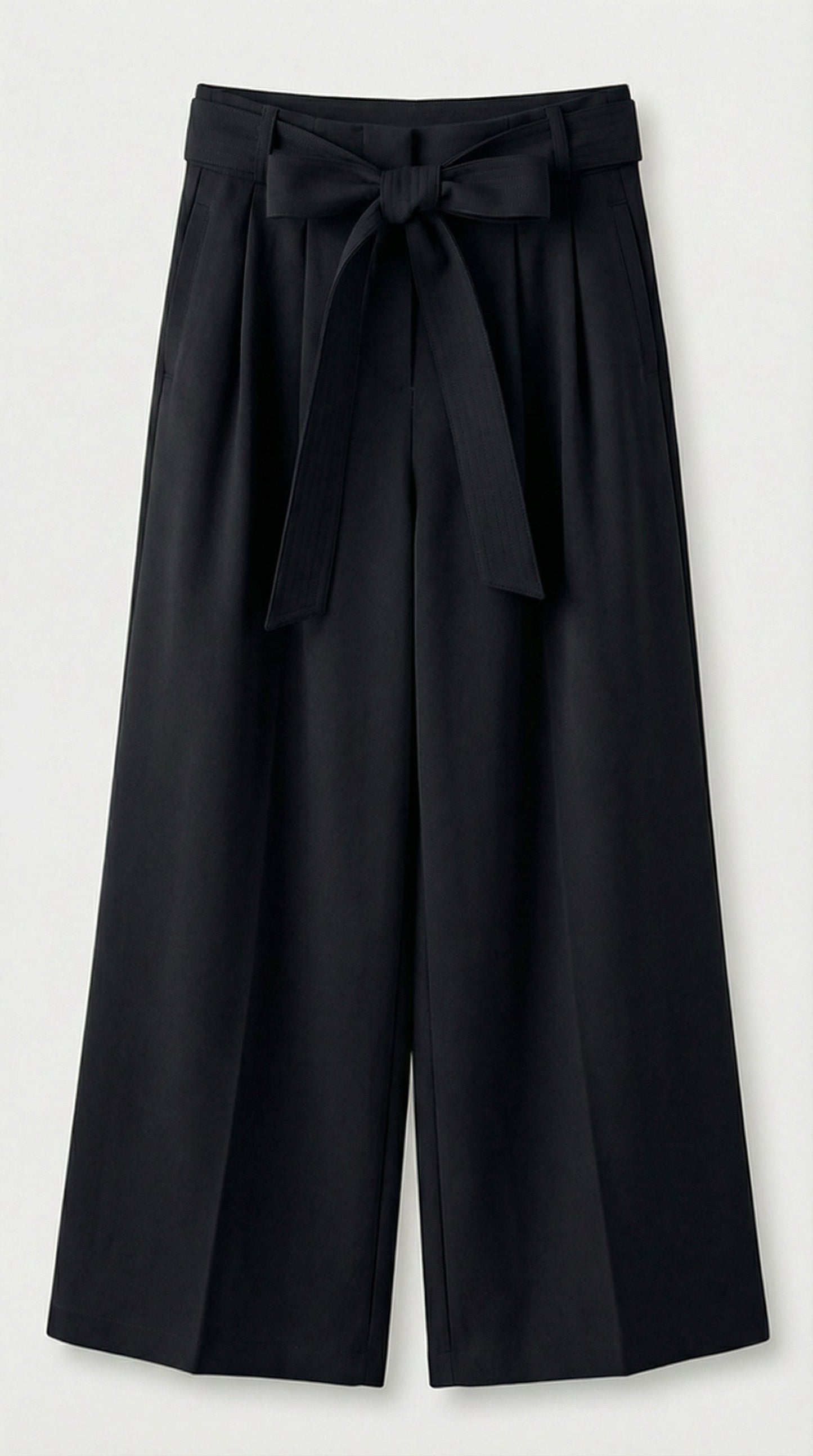 Pleated Wide-Leg Trousers with Tie-Straps - Black