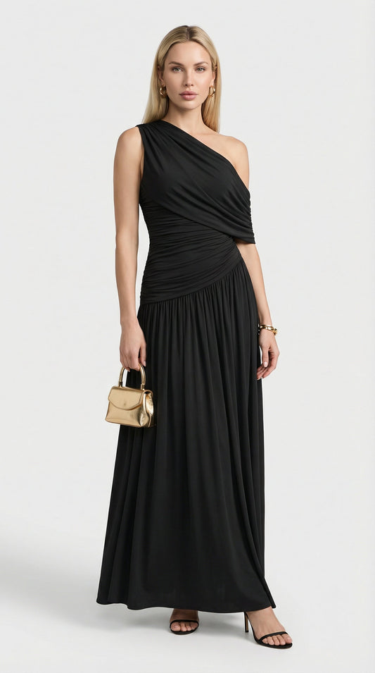 Black Diagonal Collar Pleated Irregular Dress