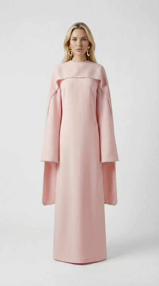 Heavy Beaded Long Bell Sleeve Cape Gown