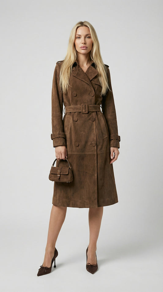 Belted Brown Genuine Suede Trench Coat