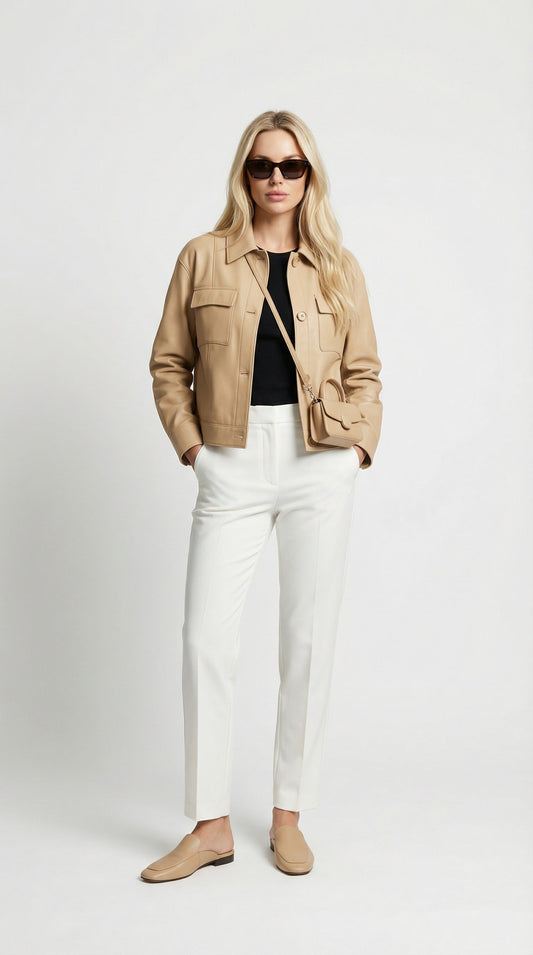 Square Collar Genuine Leather Short Jacket