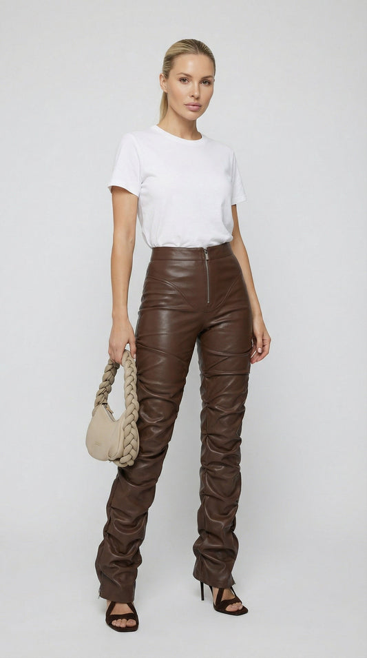 High-Waist Stacked Vegan Leather Pants in Brown