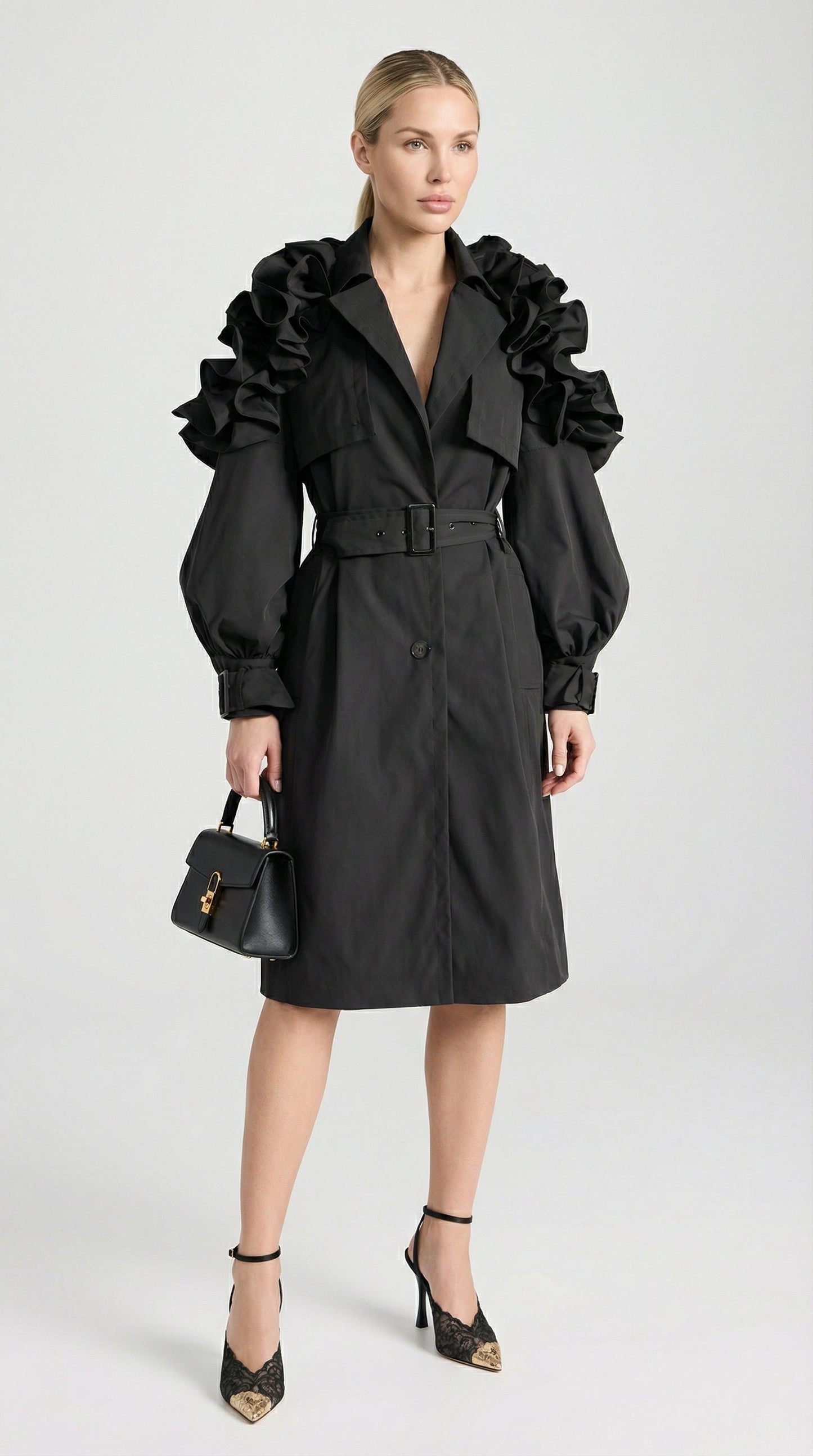 Luxury Black Long Trench Coat - Runway Style