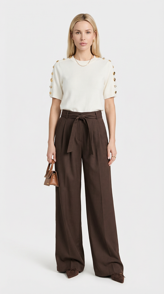 Brown Tie-Strap Pleated Wide-Leg Trousers