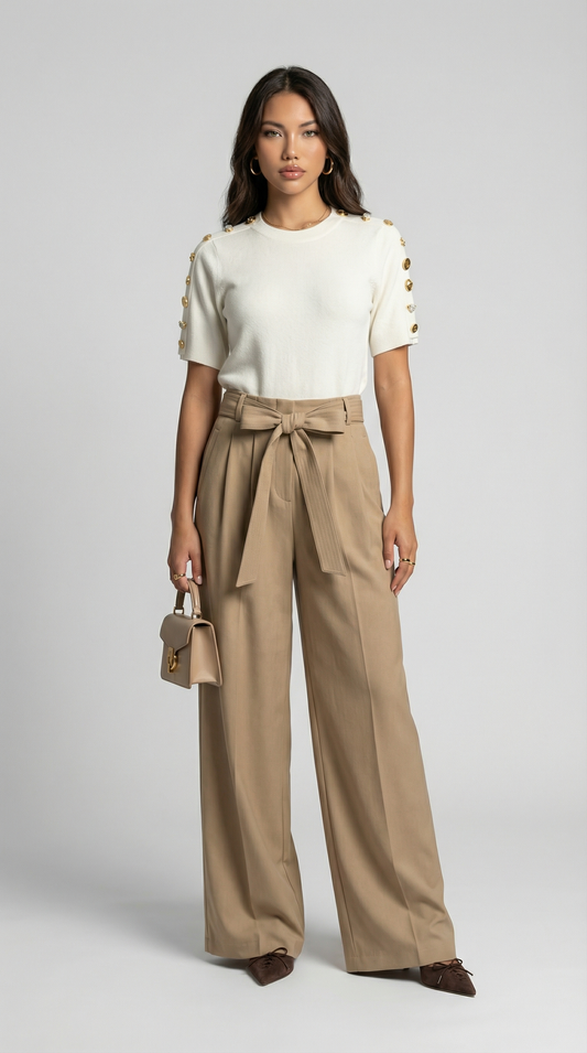 Beige Tie-Strap Pleated Wide-Leg Trousers
