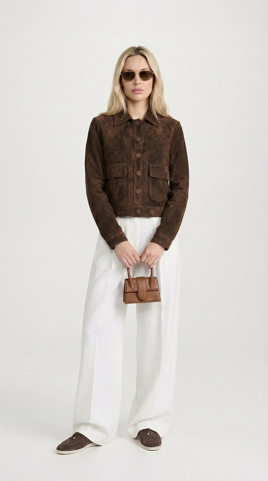 Dark Brown Suede Cropped Natural Leather Jacket