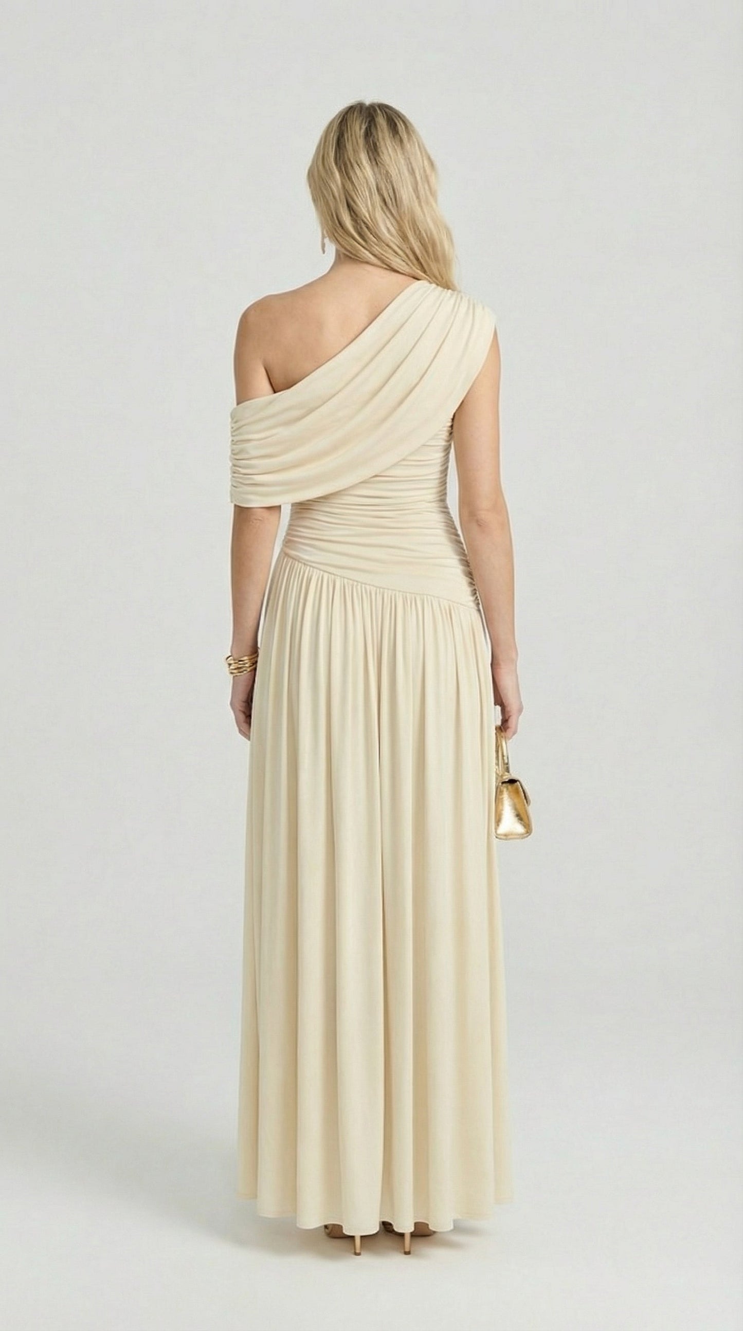 Ivory Diagonal Collar Pleated Irregular Dress