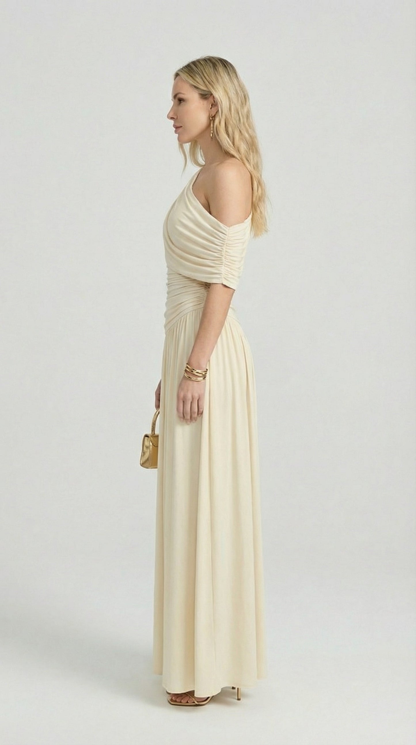 Ivory Diagonal Collar Pleated Irregular Dress