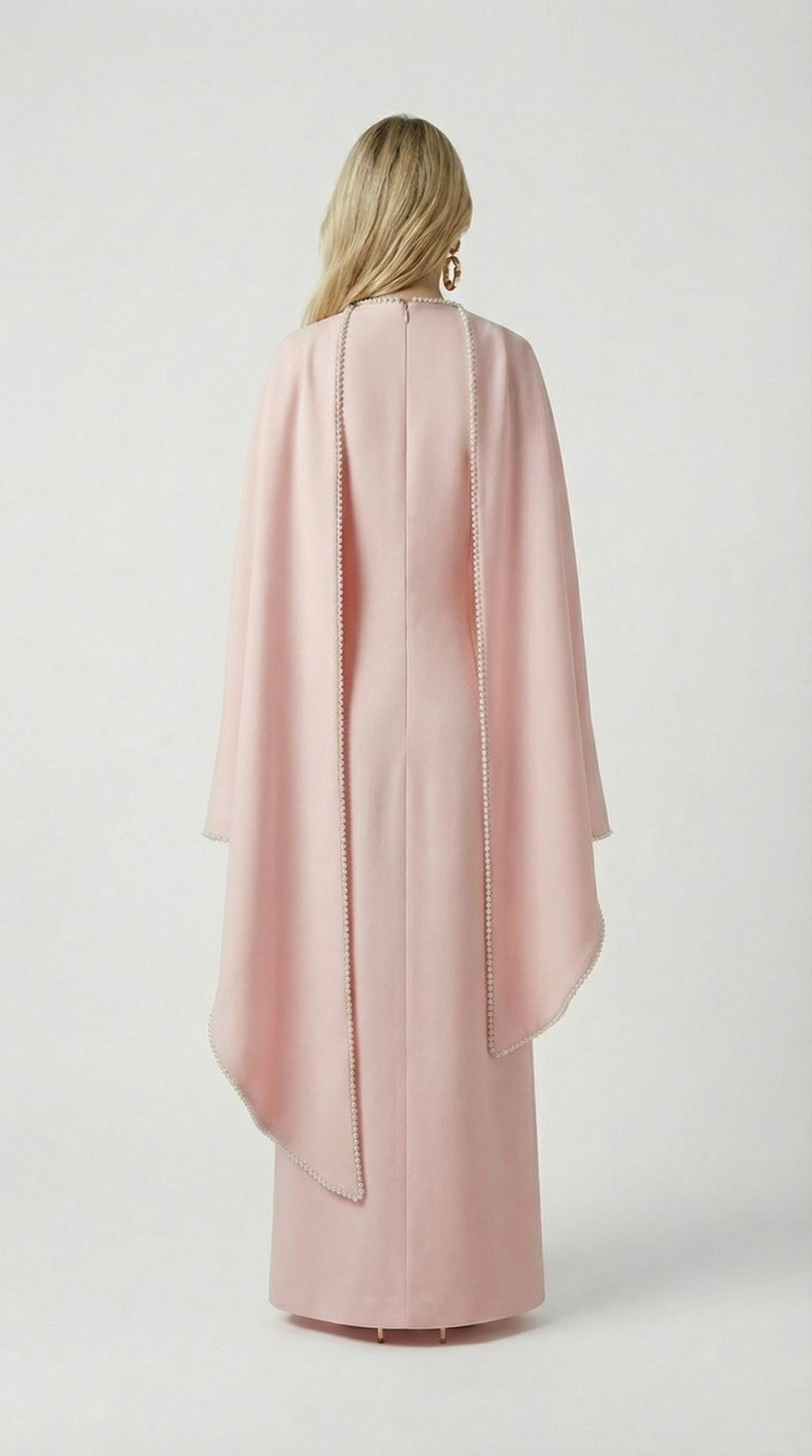 Heavy Beaded Long Bell Sleeve Cape Gown