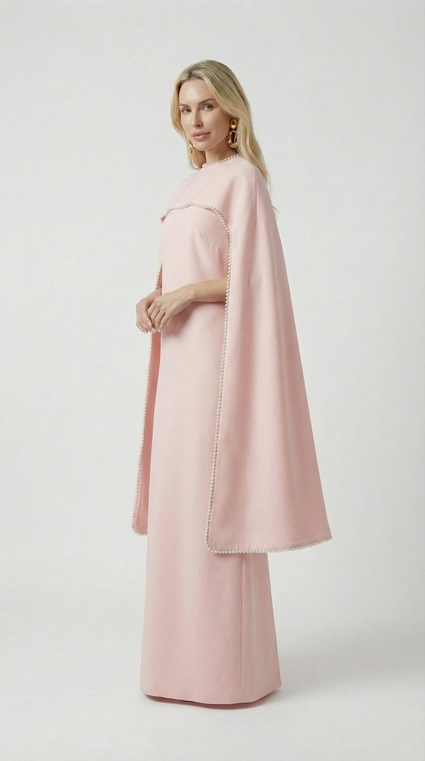 Heavy Beaded Long Bell Sleeve Cape Gown