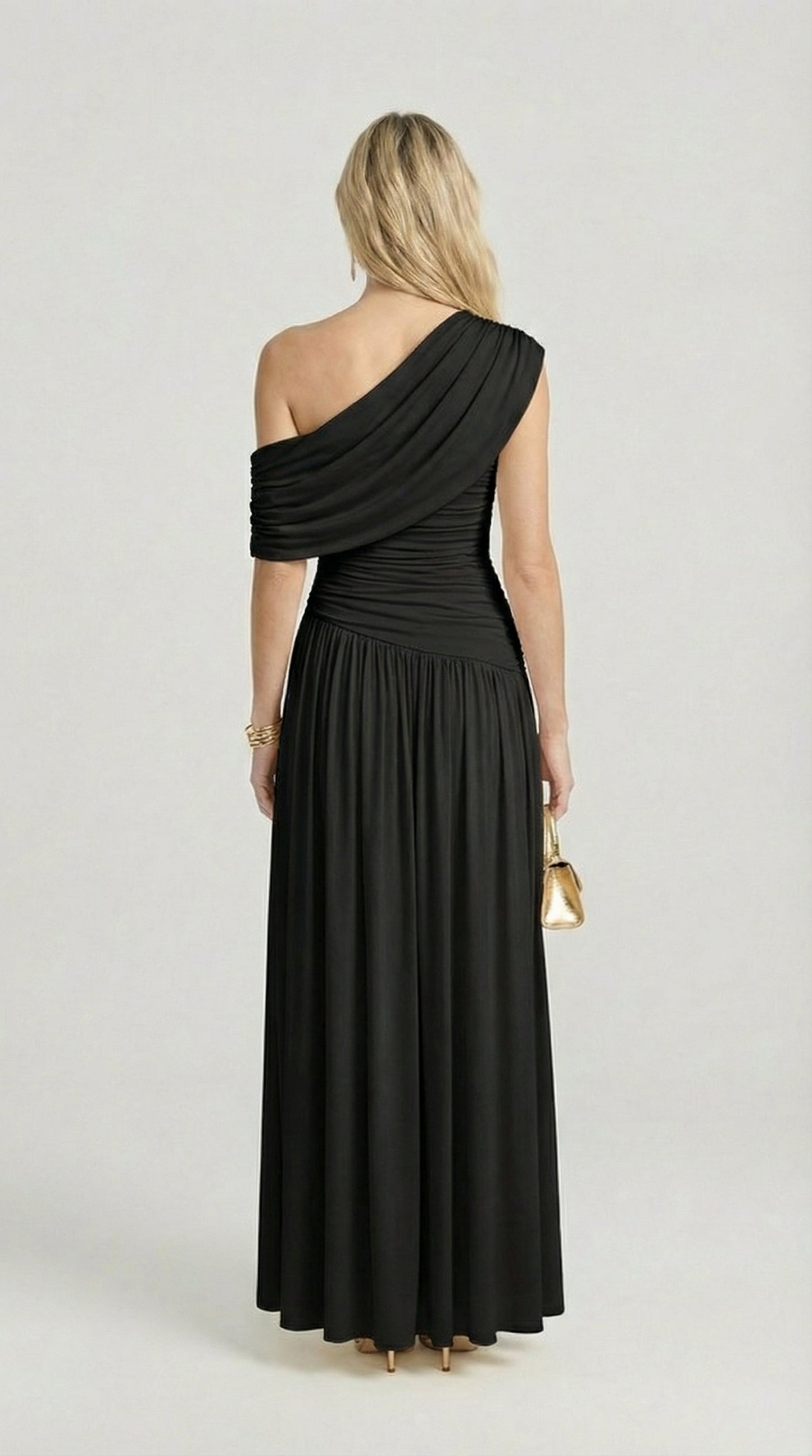 Black Diagonal Collar Pleated Irregular Dress