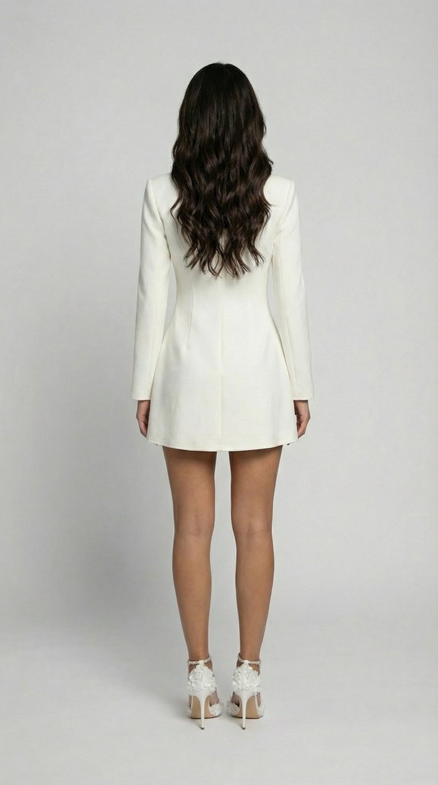 Stand-Collar Buttoned White Office Blazer Dress