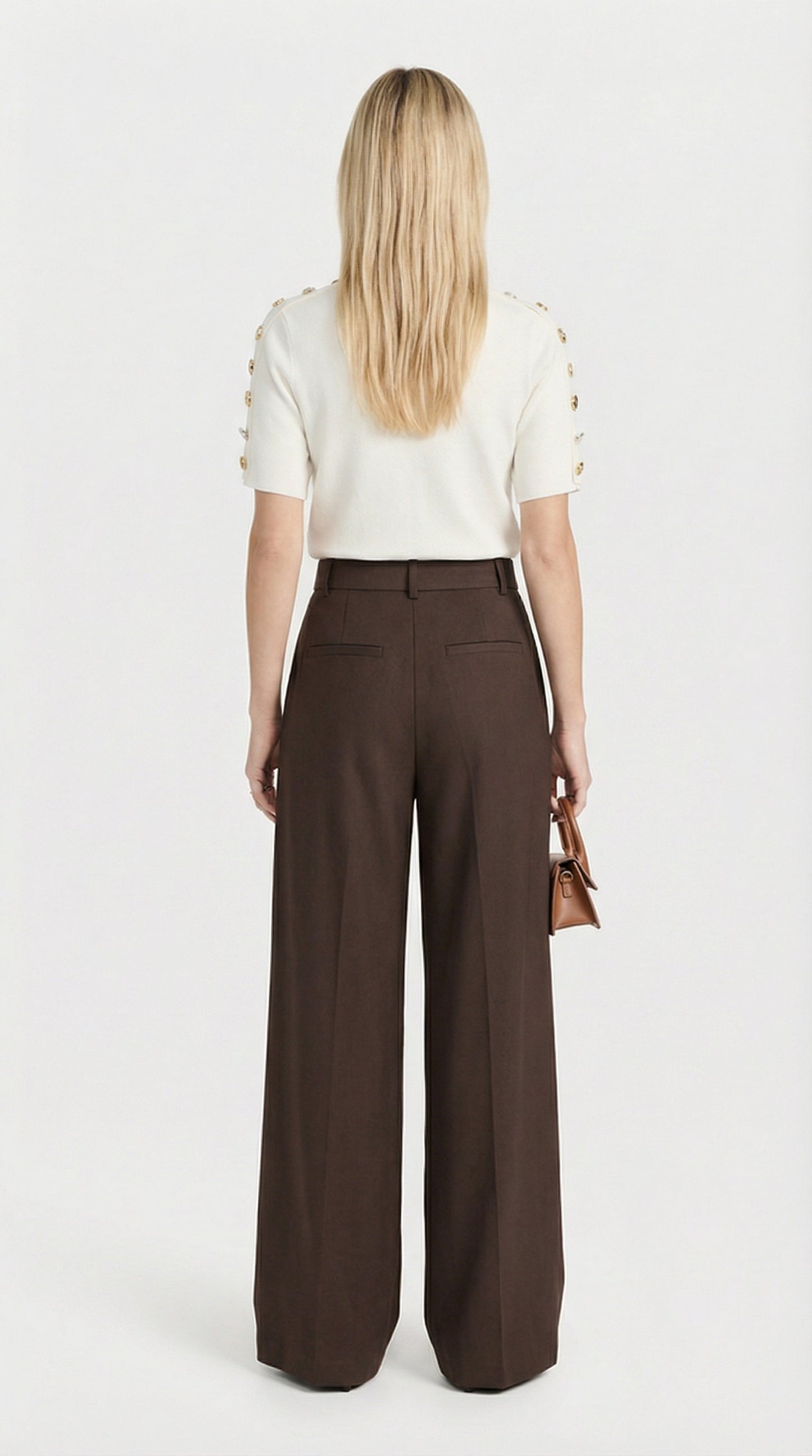 Brown Tie-Strap Pleated Wide-Leg Trousers