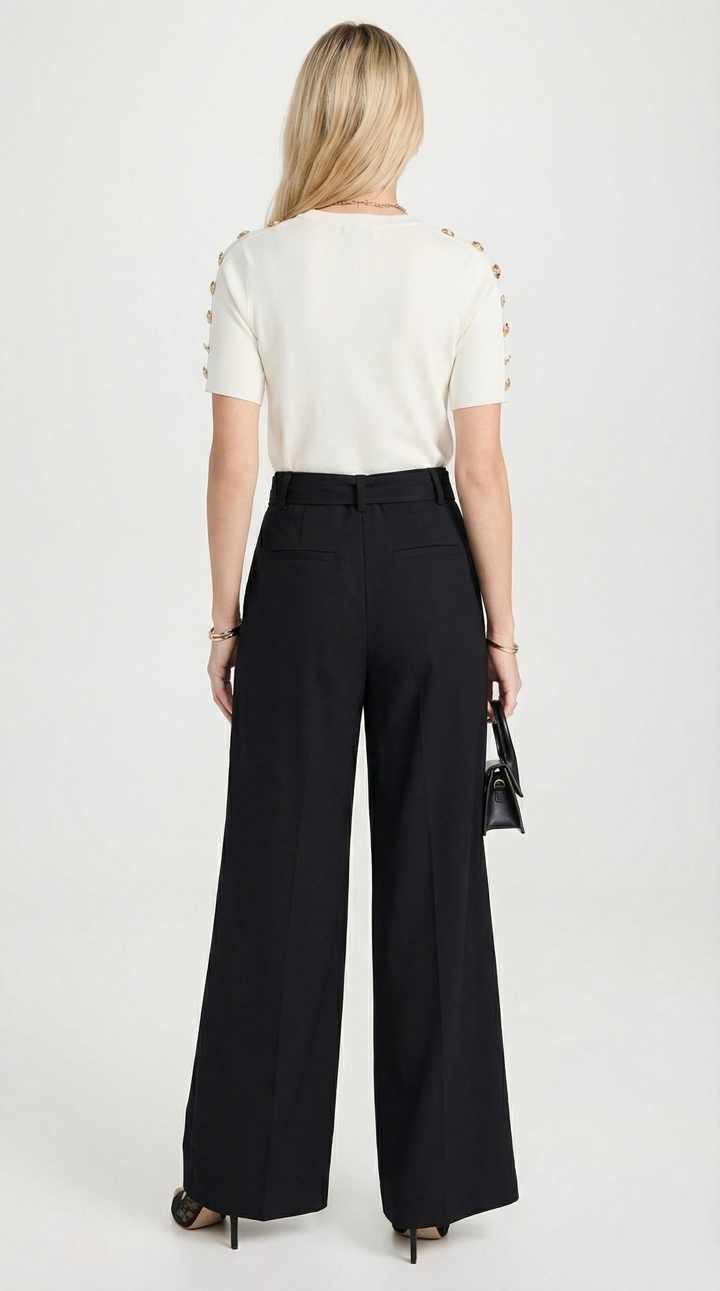 Pleated Wide-Leg Trousers with Tie-Straps - Black