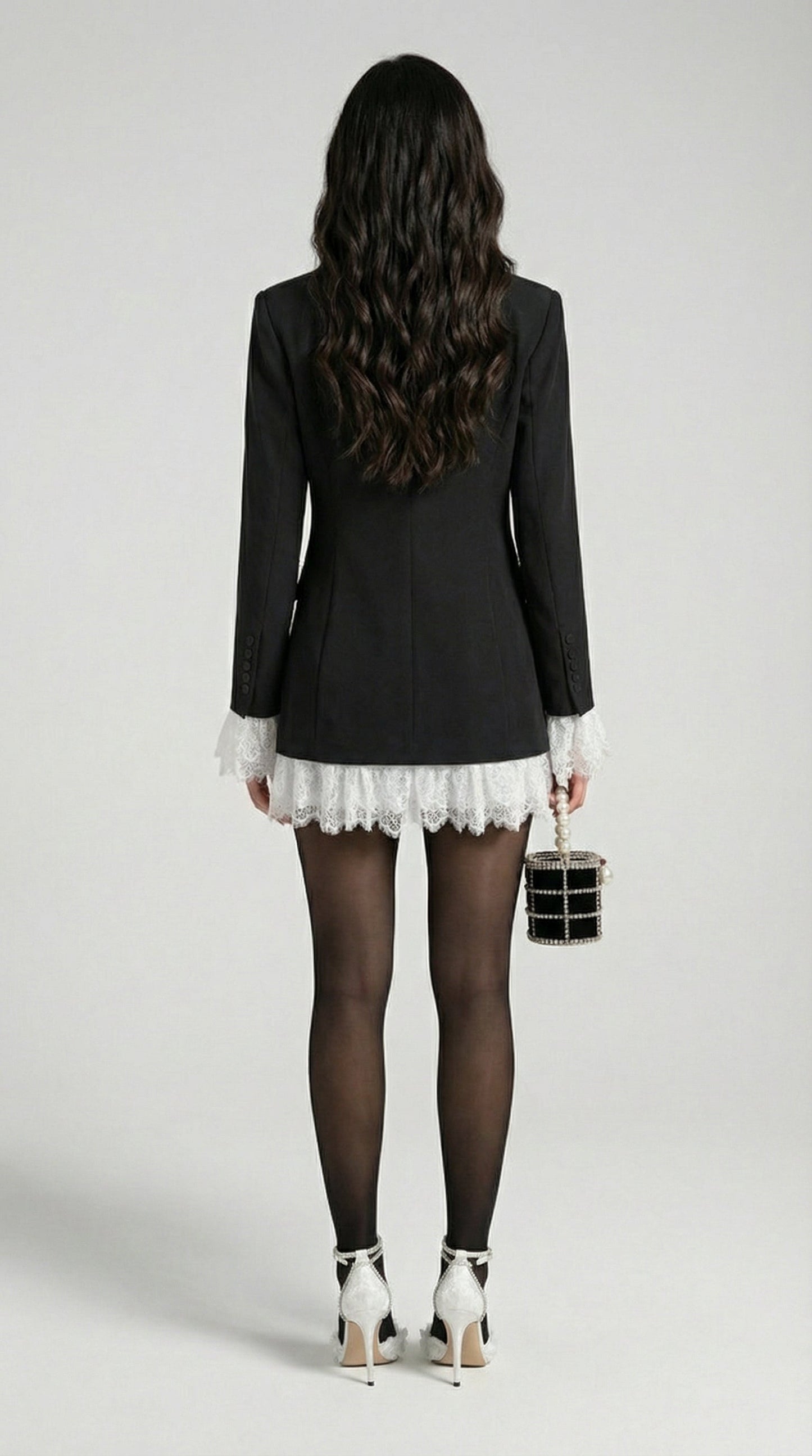 Black Lace-Trimmed Spliced Blazer