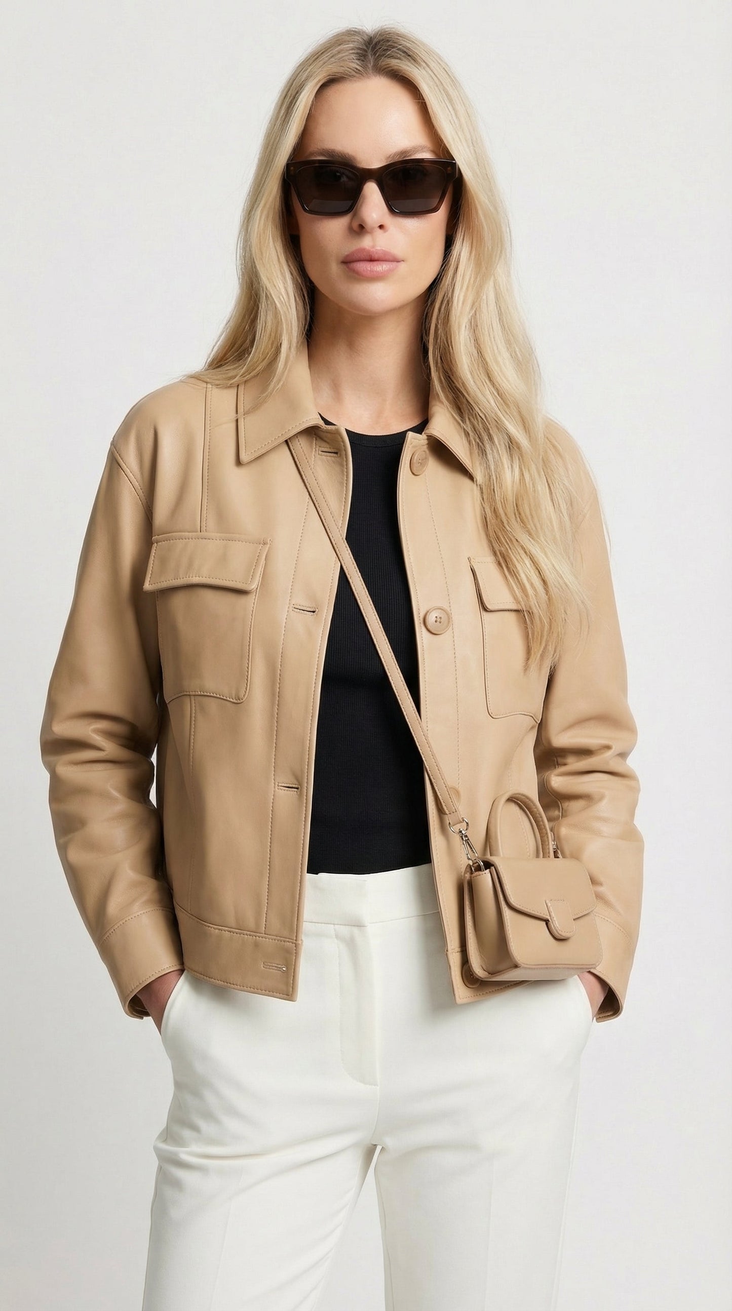 Square Collar Genuine Leather Short Jacket