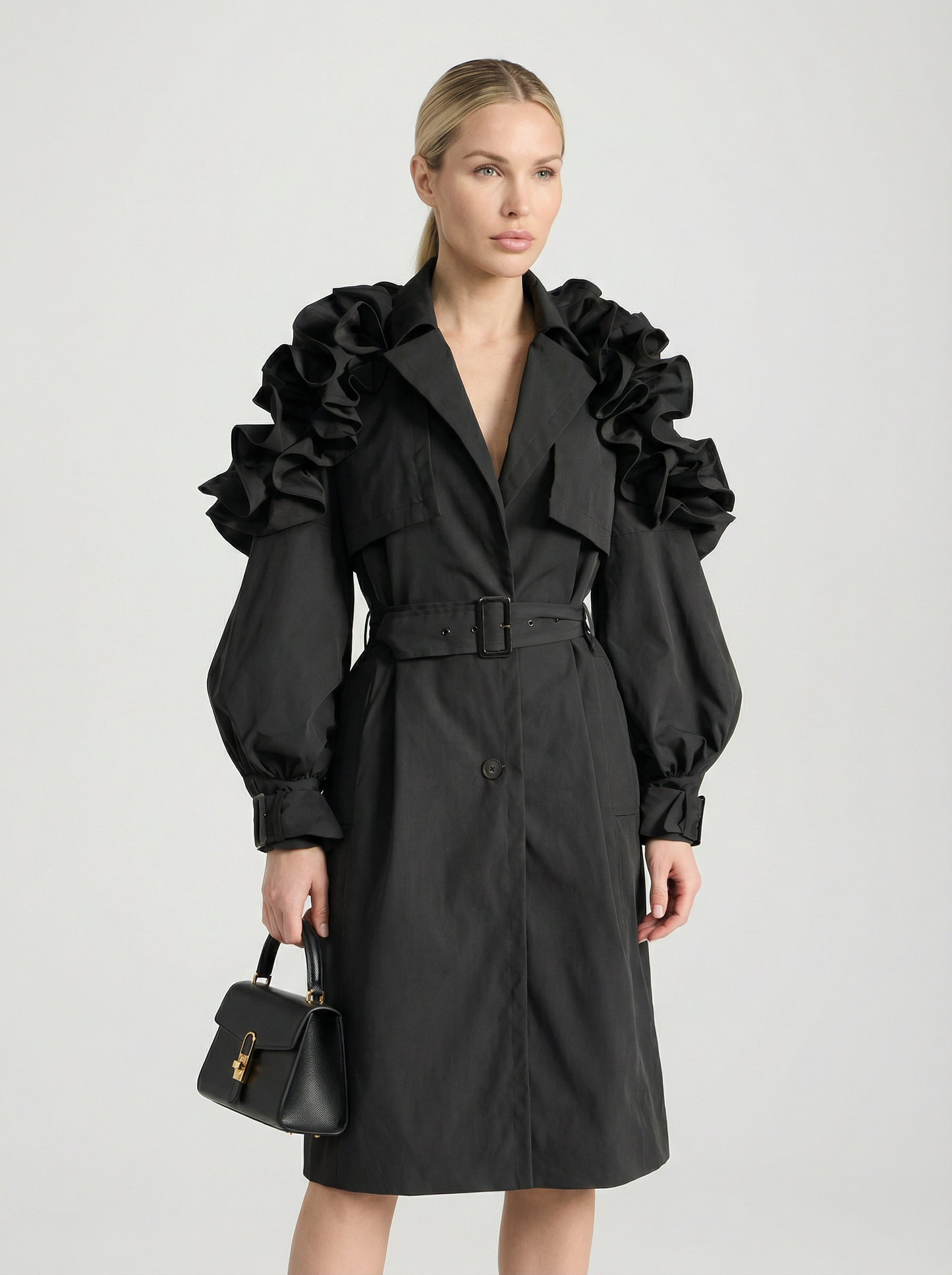 Luxury Black Long Trench Coat - Runway Style