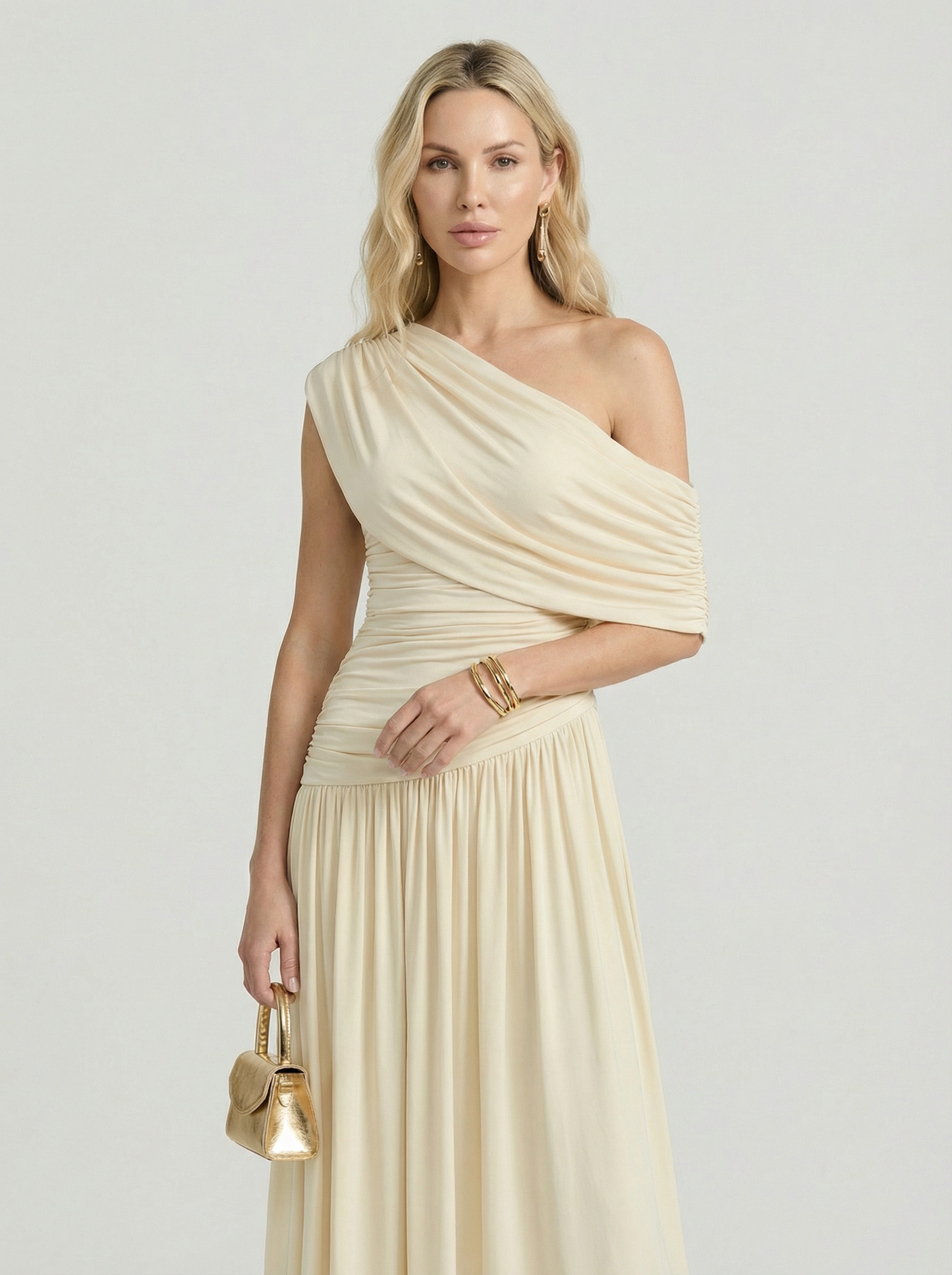 Ivory Diagonal Collar Pleated Irregular Dress