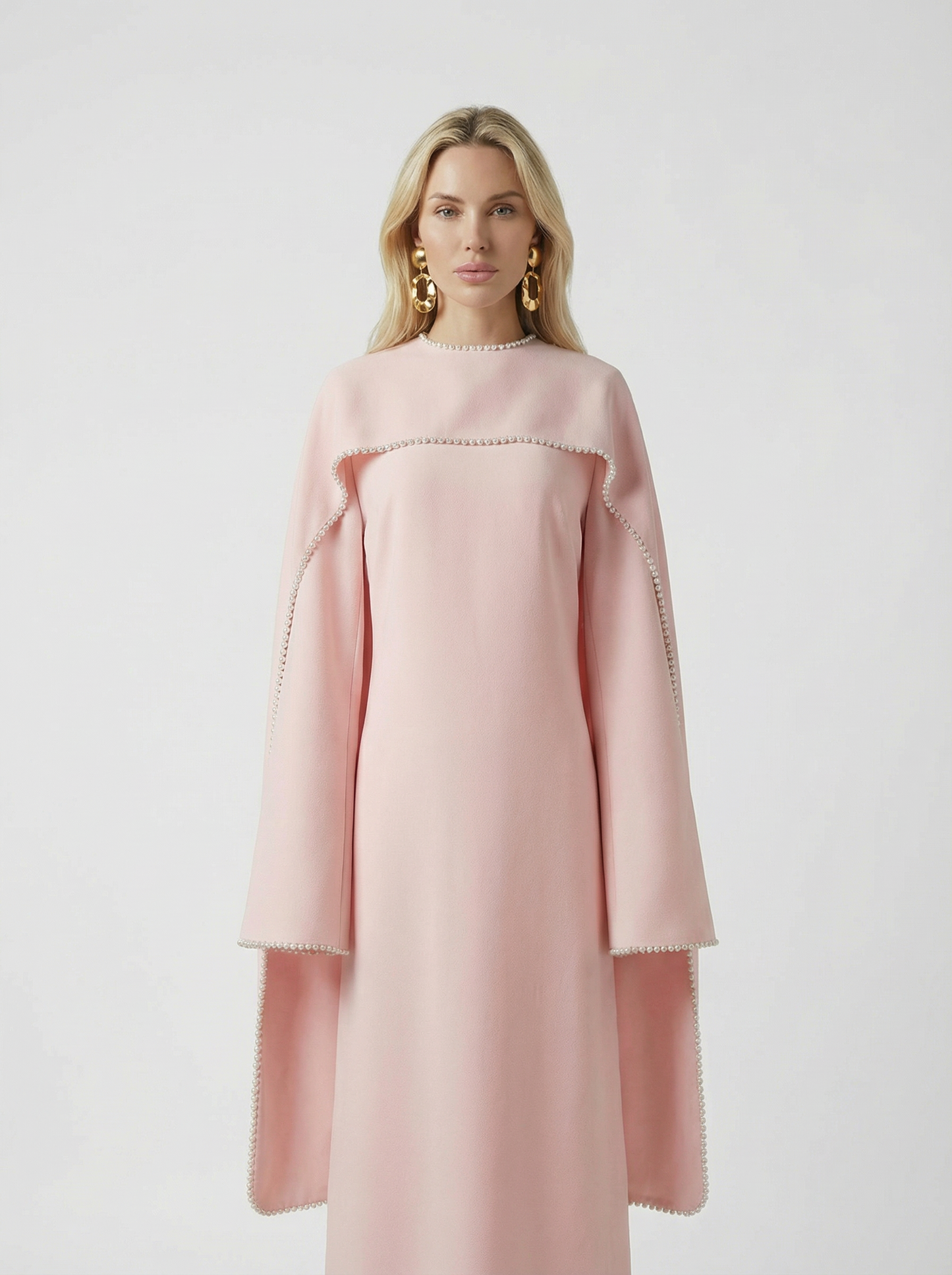 Heavy Beaded Long Bell Sleeve Cape Gown