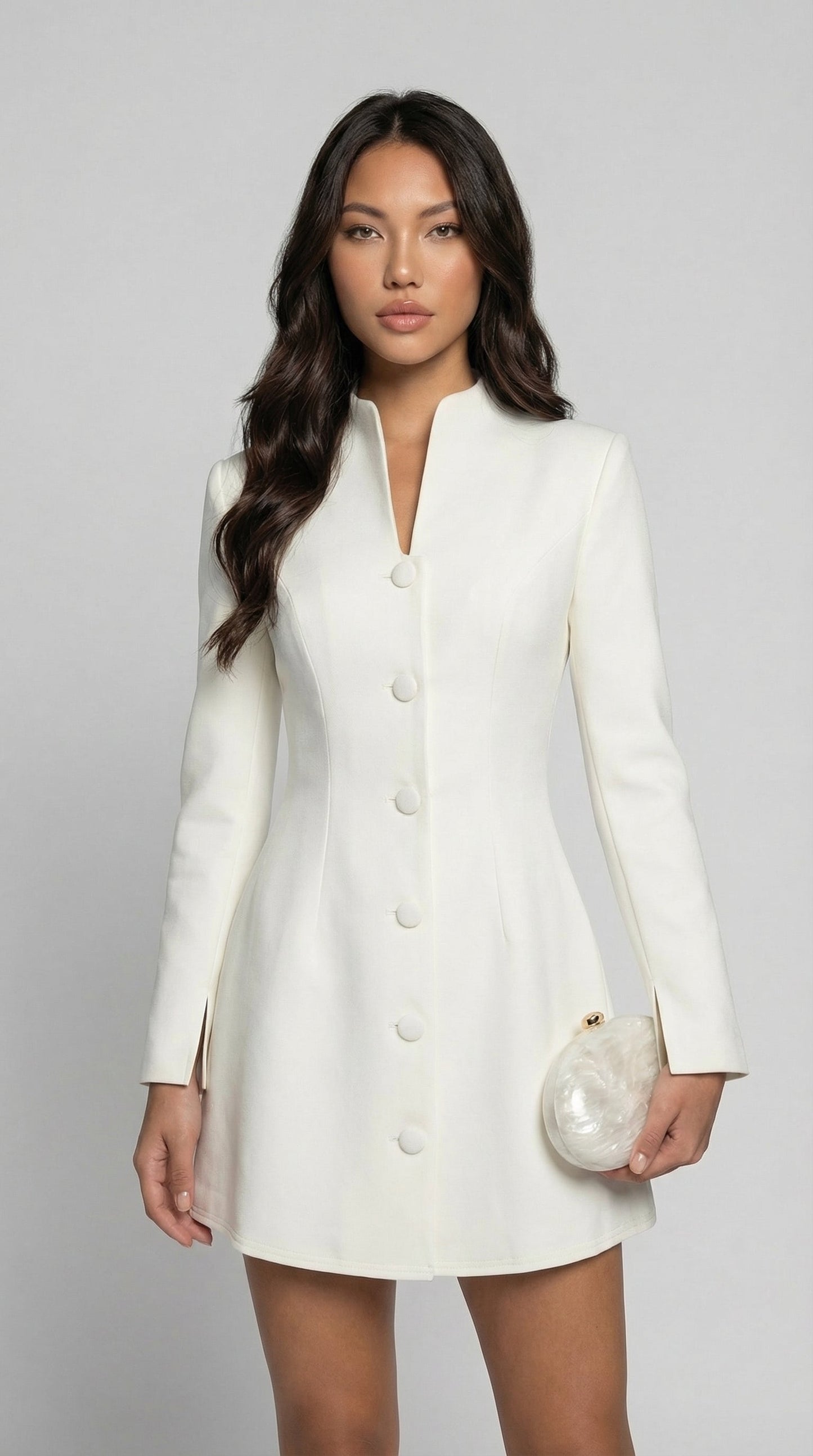 Stand-Collar Buttoned White Office Blazer Dress