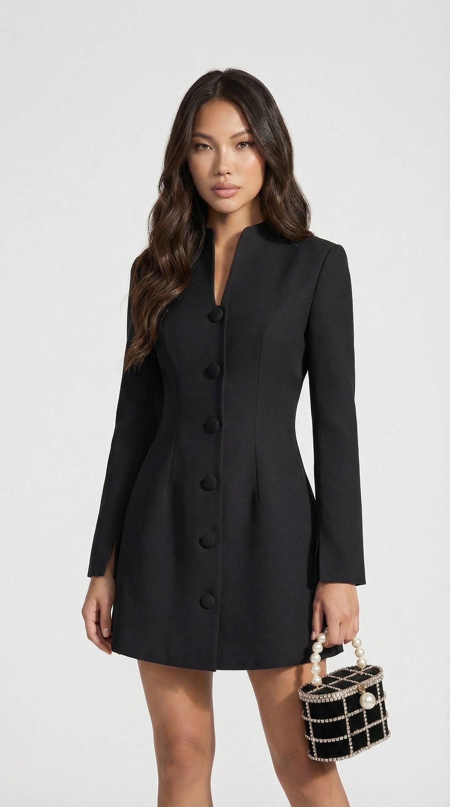 Stand-Collar Buttoned Black Office Blazer Dress