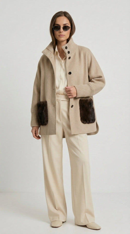 Beige Loose Knit Fur Sweater with Stand-Up Collar