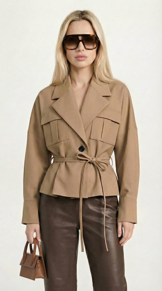 Modern Vintage Turn-Down Collar Lace-Up Pocket Short Jacket