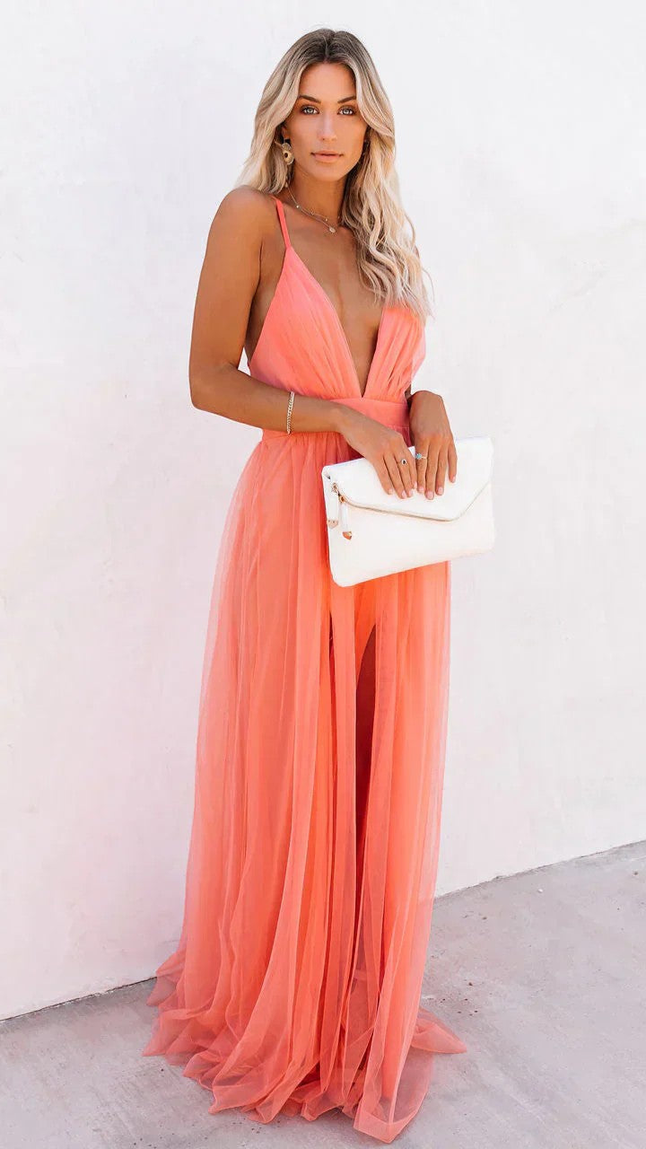 Maxi Dress V-Neck – Fluid Fitted Skirt in Peach